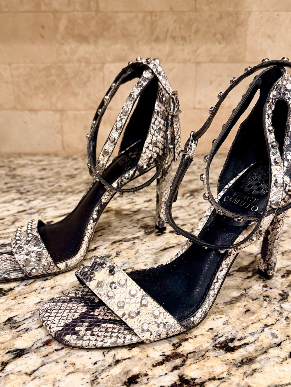 Vince Camuto Snake-Print Studded Ankle-Strap Heels in Black & Cream